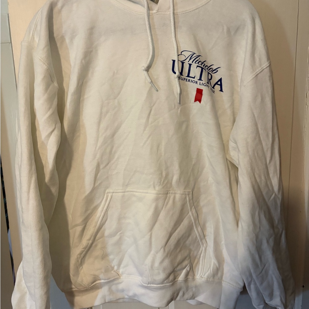 Gildan White Hoodie with Blue & Red Logo